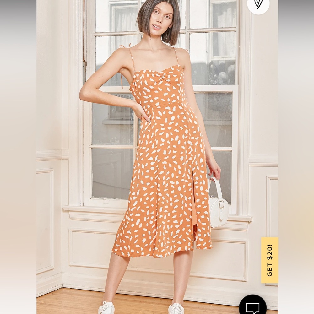 Lulu's Terracotta Dot-Print Midi Dress in White